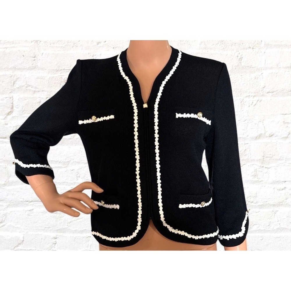 St. John Collection Jacket Cardigan Womens 2 Knit Black Zip Up White Embroidery